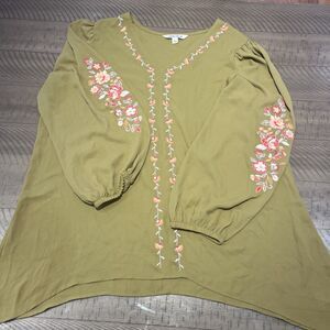 The Pioneer Women GREEN Blouse PULLOVER THIN TOP FLORAL Embroidery size large